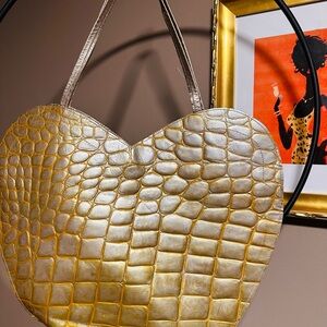 Gold Croc-Embossed Heart-Shaped Tote Bag